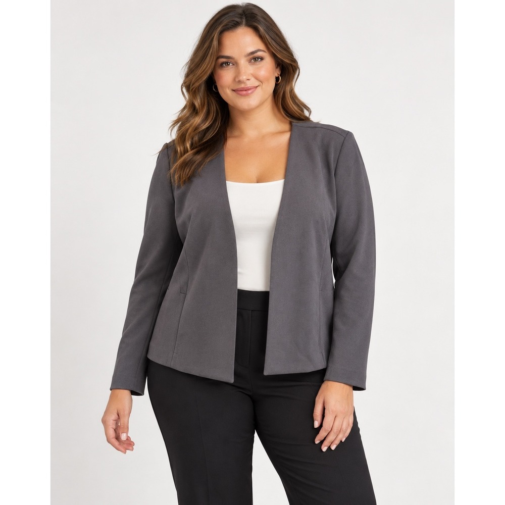 Contemporaine Simons Grey Open Front Collarless Blazer Floral Lining XL NWT